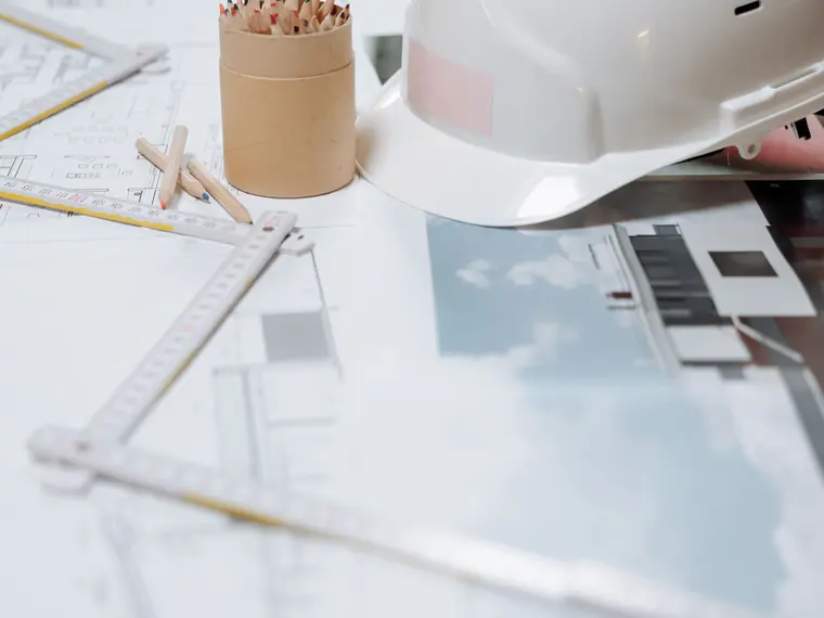 Capacete, escalímetro e lápis sobre plantas de arquitetura
